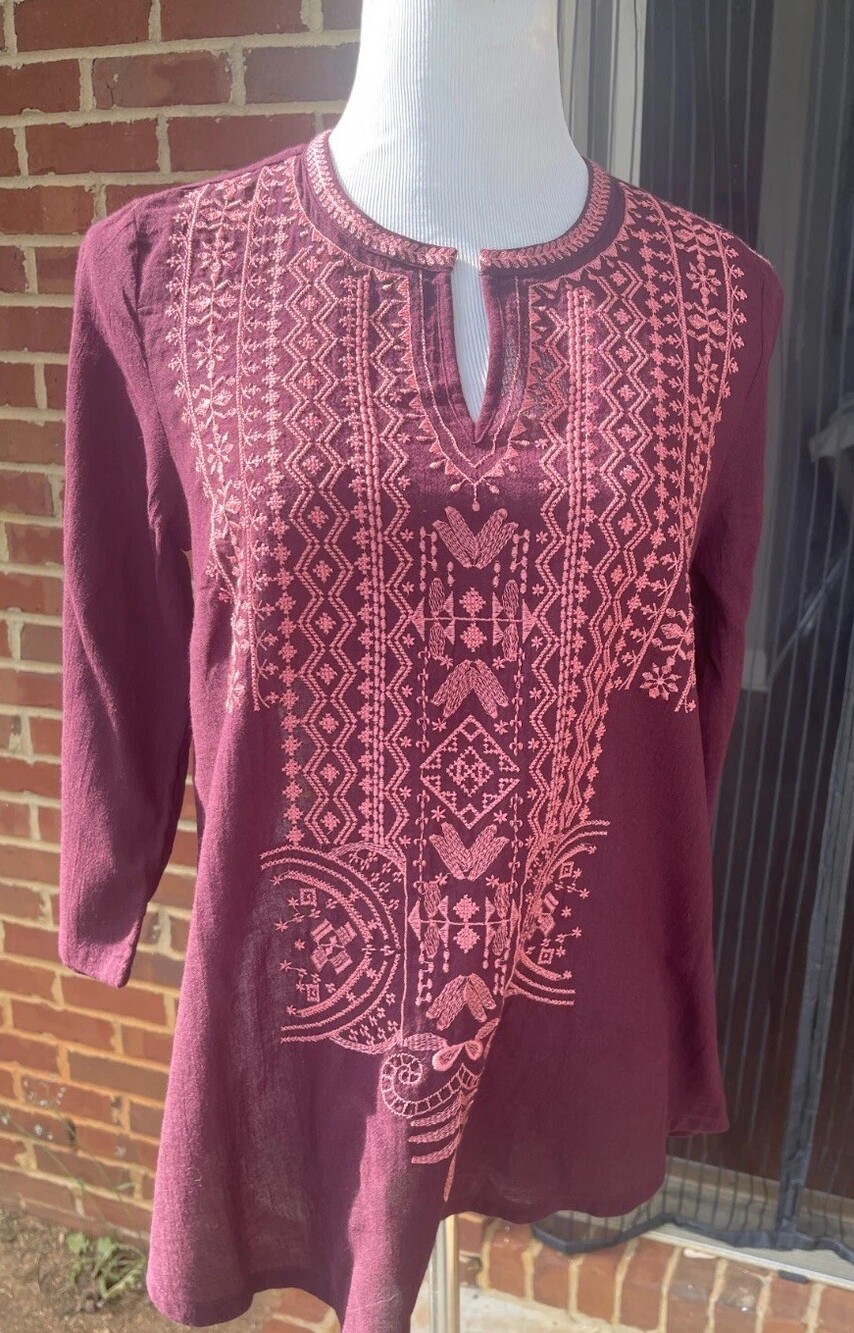 Pure J. Jill Women's Blouse Top Size XS Red 100% Cotton Embroidered 3/4 Sleeve